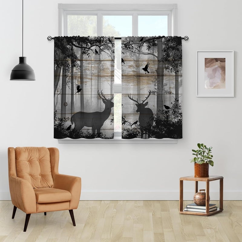 Aimego Deer Forest Kitchen Curtains - Hunting Vintage Small Short Cafe Tier Curtains Farmhouse Rustic Decor for Living Room Rod Pocket Window Drapes 36 Inch Length 2 Panels Set 28"x36" - Image 2